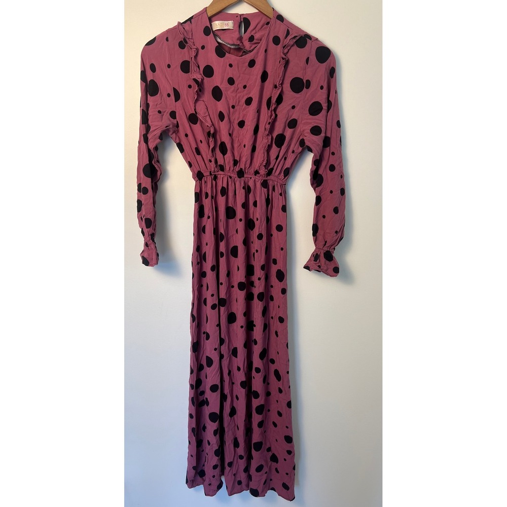Wm Sm Polka Dot Maxi Dress Mauve Pink Long Sleeve Ruffle Elastic Boho Cottage